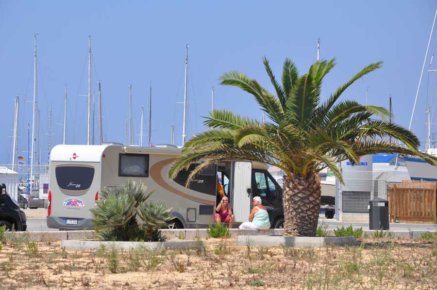 Autocamper parkeret ved en marina med palmer og mennesker, der sidder i nærheden.