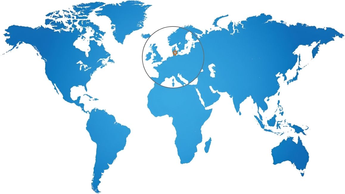 World map in blue with a circled region highlighting the area around Denmark.
