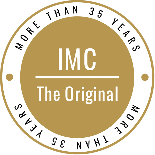 Gold and white circular badge with "IMC The Original" and "More than 35 years" text.